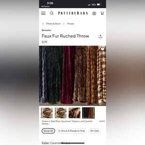 Pottery Barn Faux Fur Throw in Rich Tones Faux Fur Ruched 50 X 60